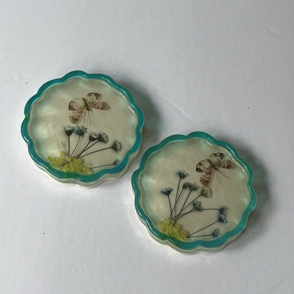 Retro boho coasters with flowers and butterfly 2 pc - Picture 1 of 8